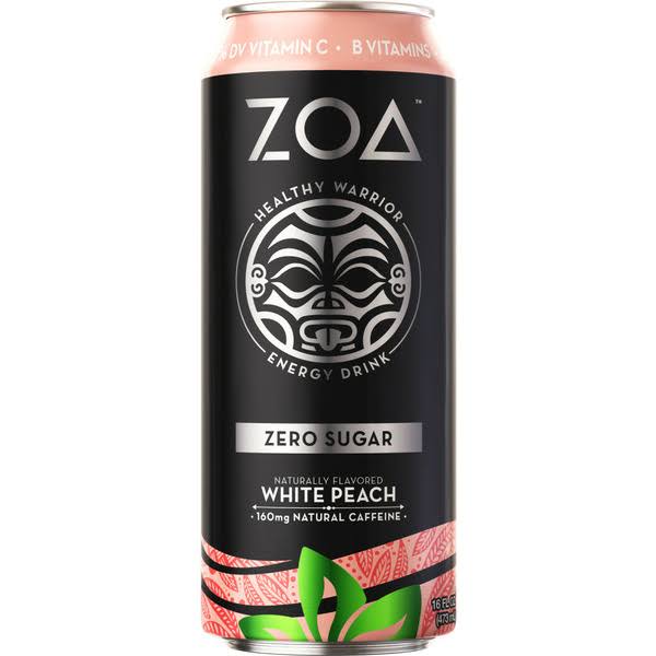 Zoa Energy Drink, White Peach, Zero Sugar, 16 fl oz.