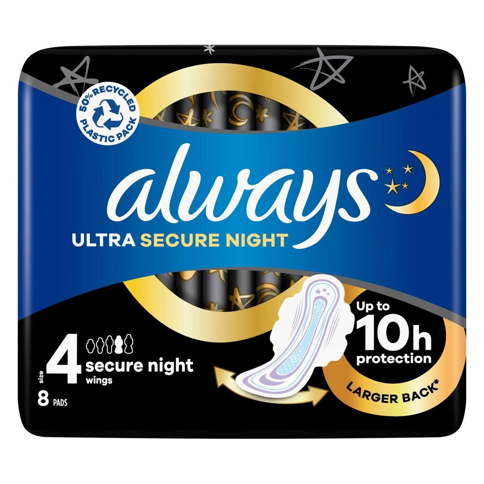 Always Ultra Towels Secure Night Wings Size 4 8 Pack