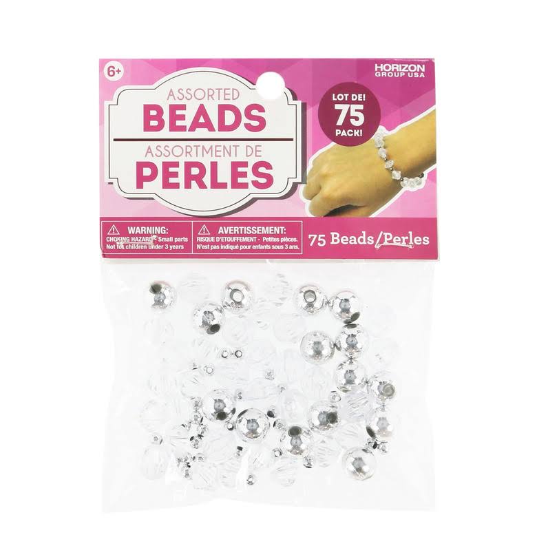 Assorted Round Fashion Beads, Silver & Clear, 1 oz