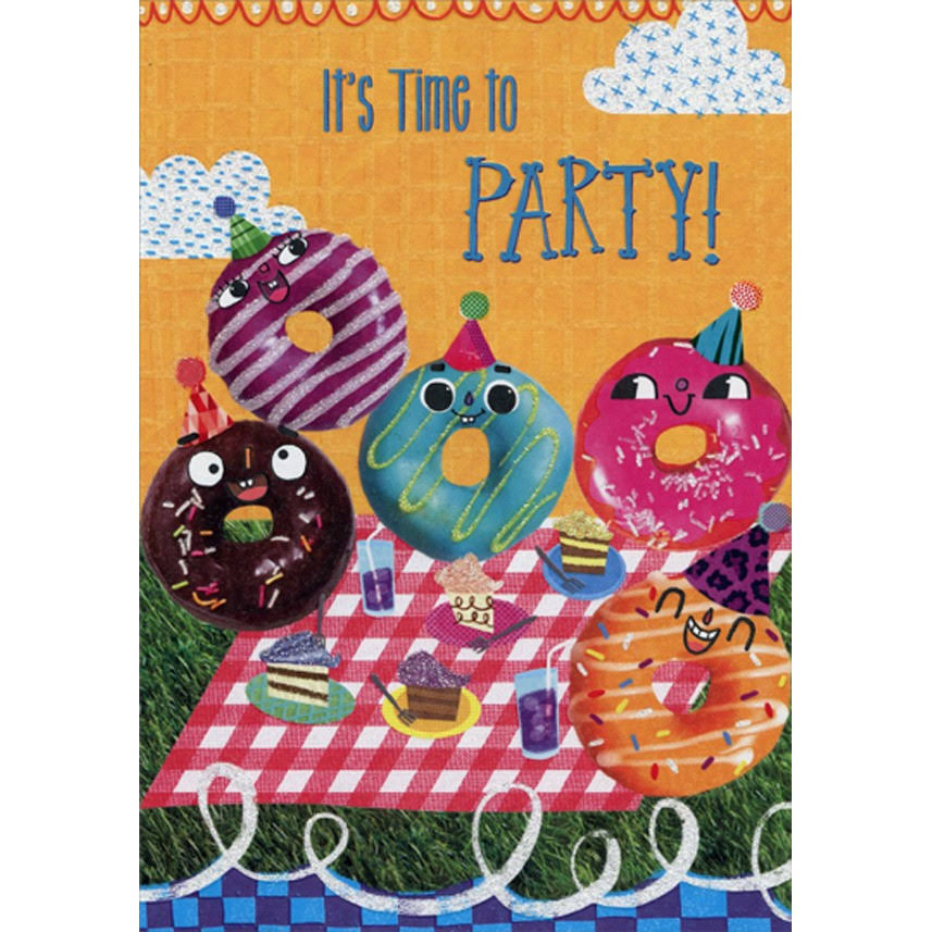 Designer Greetings Five Donuts with Party Hats Juvenile Birthday Card for Young Kid : Child, Size: 5.25 x 7.5