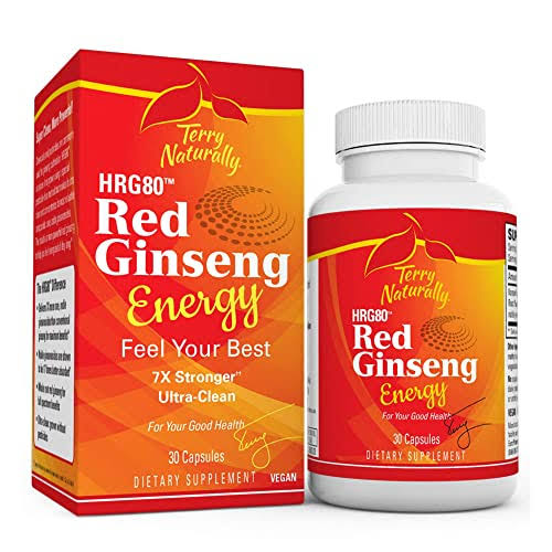 Terry Naturally HRG80 Red Ginseng Energy 30 Capsules Energy Support Supplement Korean Red Ginseng Root Powder, Panax Ginseng, HRG80, Non-GMO, Vegan