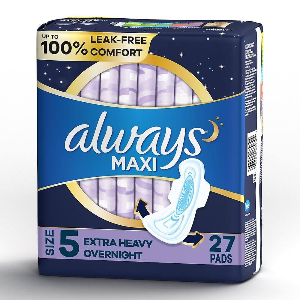 Always Maxi Extra Heavy Overnight Pads with Wings - Unscented, Size 5, 27ct