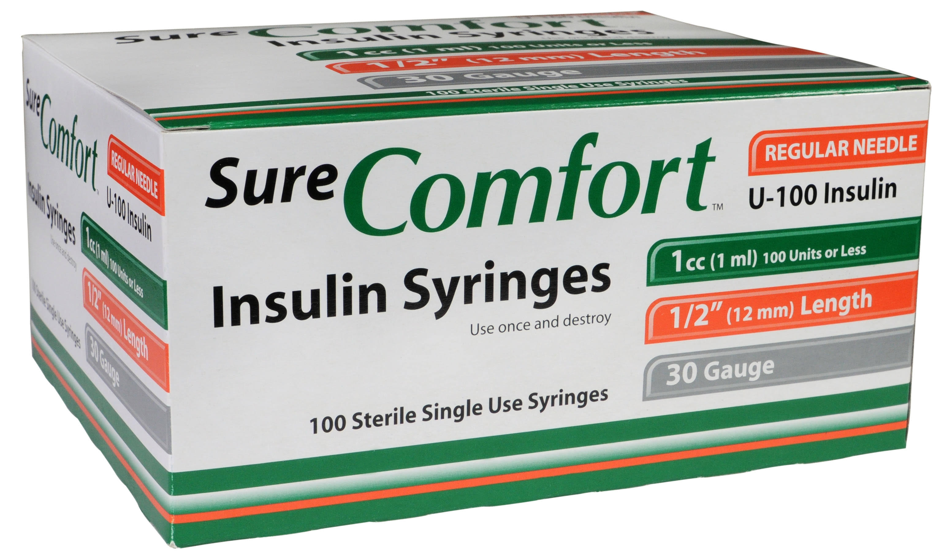 SureComfort Insulin Syringe 30 Gauge, 1cc, 1/2", 10 Count (1-4 Bag)
