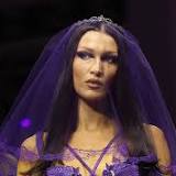 Bella Hadid Is a Goth Bride in a Floral Purple Gown & Veil Combo with Strappy Sandals for Versace's Milan Fashion ...