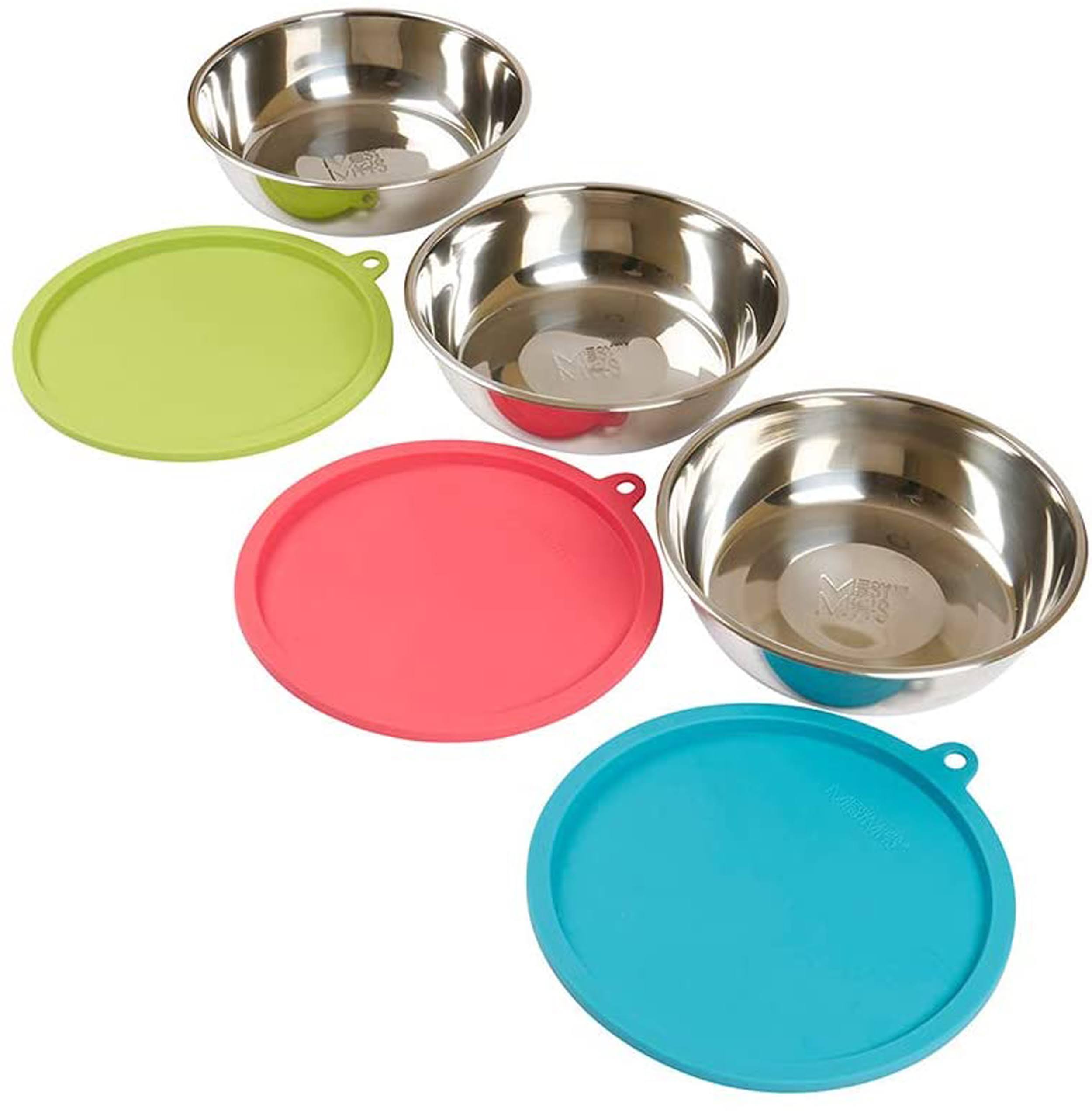 Messy Mutts Dog Bowl Saver Box Set - 3 Stainless Steel Bowls + 3 Silicone Lids - Large