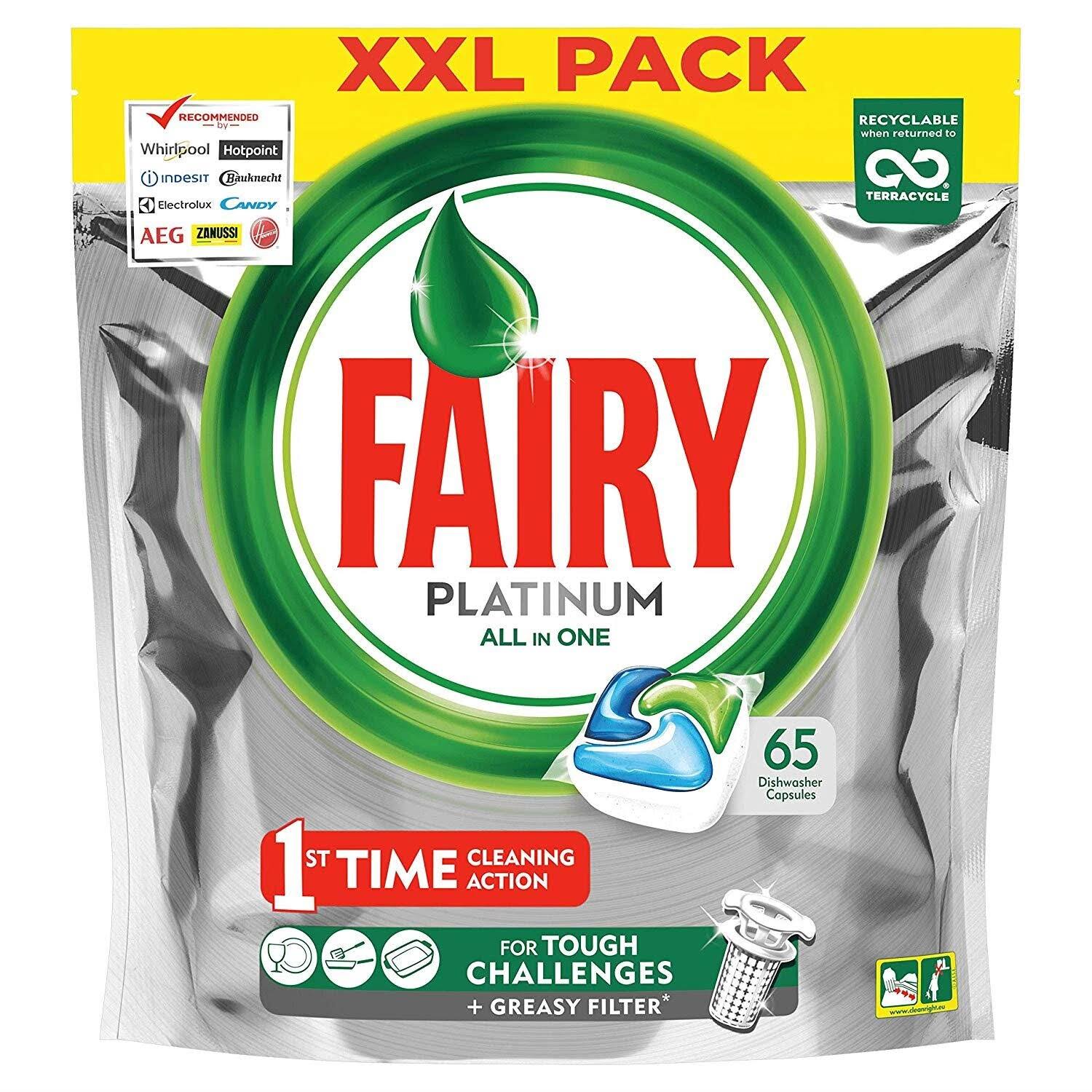 Fairy Platinum Dishwasher Tablets Original All-in-One Soft Pouches - XXL 65 Pack