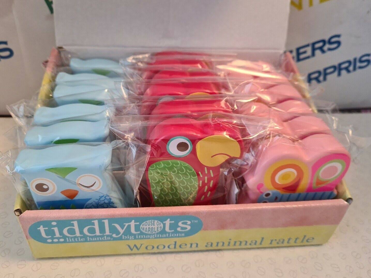 House of Marbles Box of 18 Tiddlytots House of Marble Wooden Animal Rattles Owl Parrot Butterfly