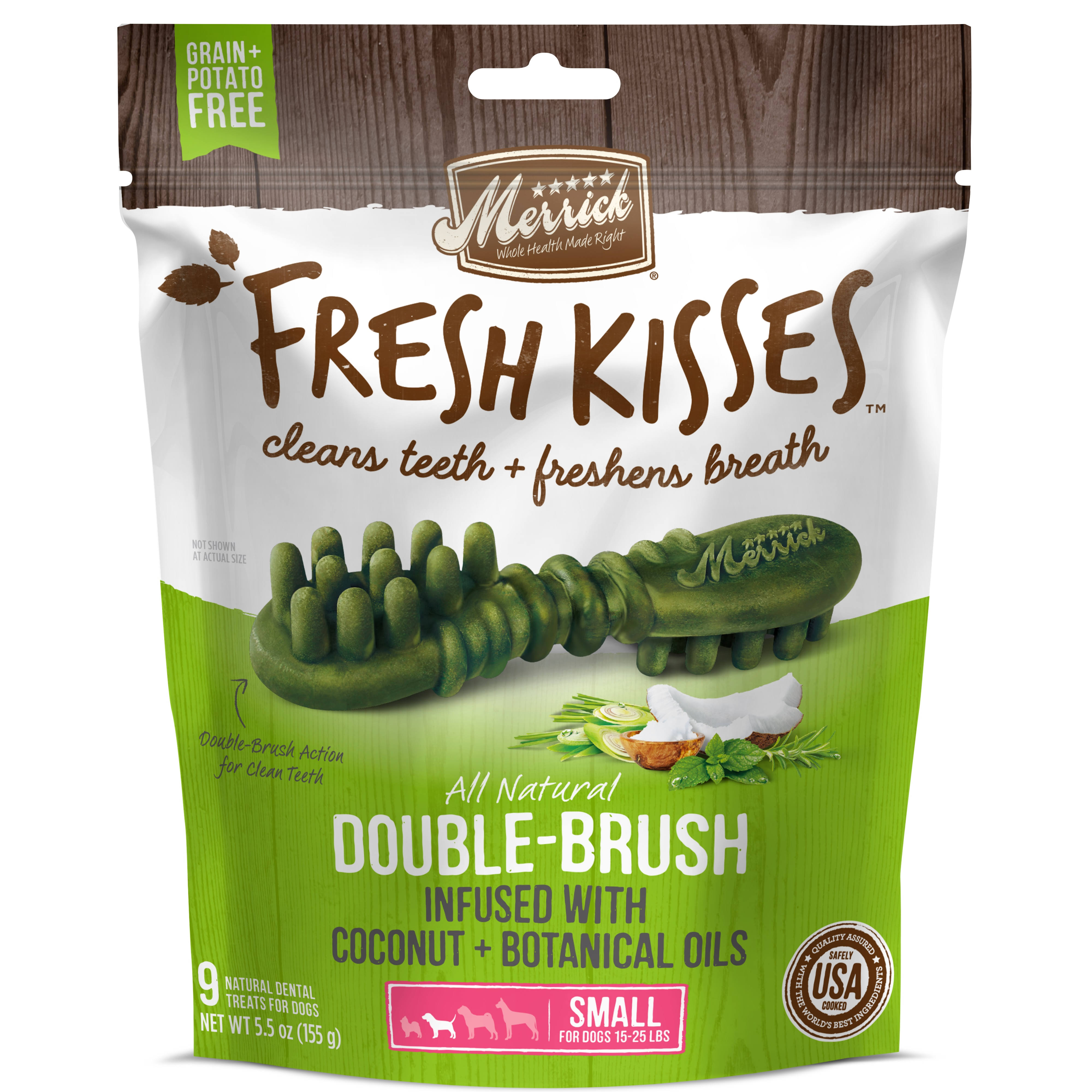 Merrick Fresh Kisses Dental Treats, for Dogs, 15-25 lbs, Coconut + Botanical Oils, Double-Brush, Small - 9 treats, 5.5 oz
