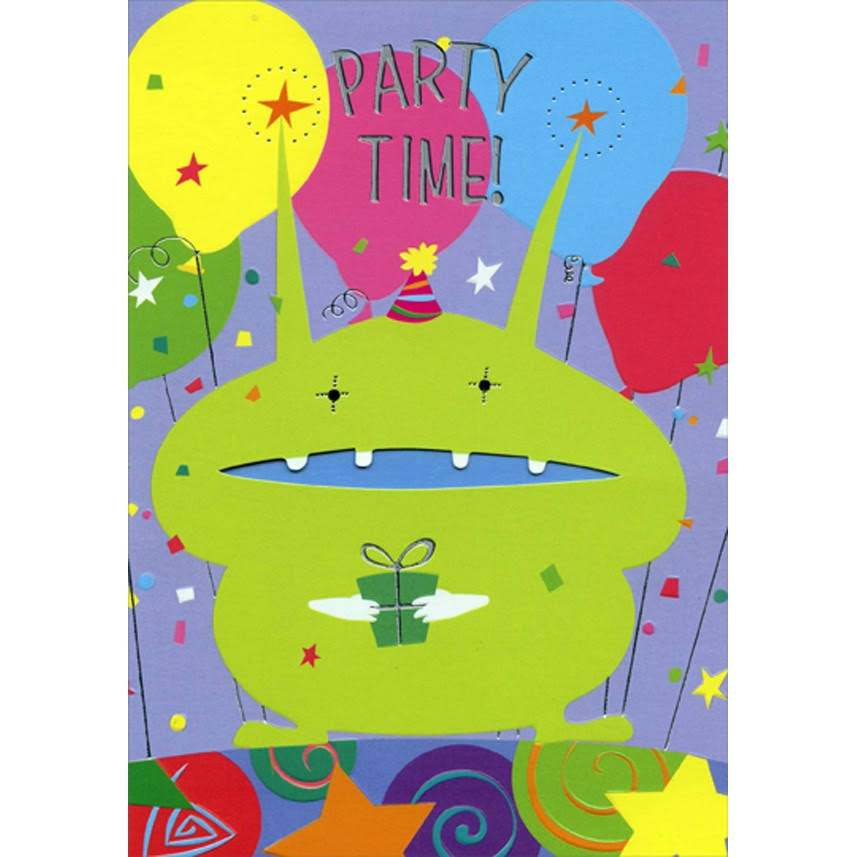 Designer Greetings Green Alien with Die Cut Window Mouth Juvenile Birthday Card for Young Child : Kid, Size: 5.25 x 7.5