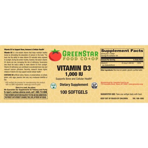 Wegmans Vitamin D3, Natural, 1000 IU, Softgels - 100 softgels