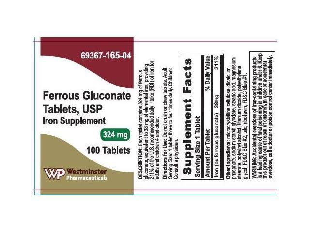 Ferrous Gluconate 324mg USP Tablets, 100ct