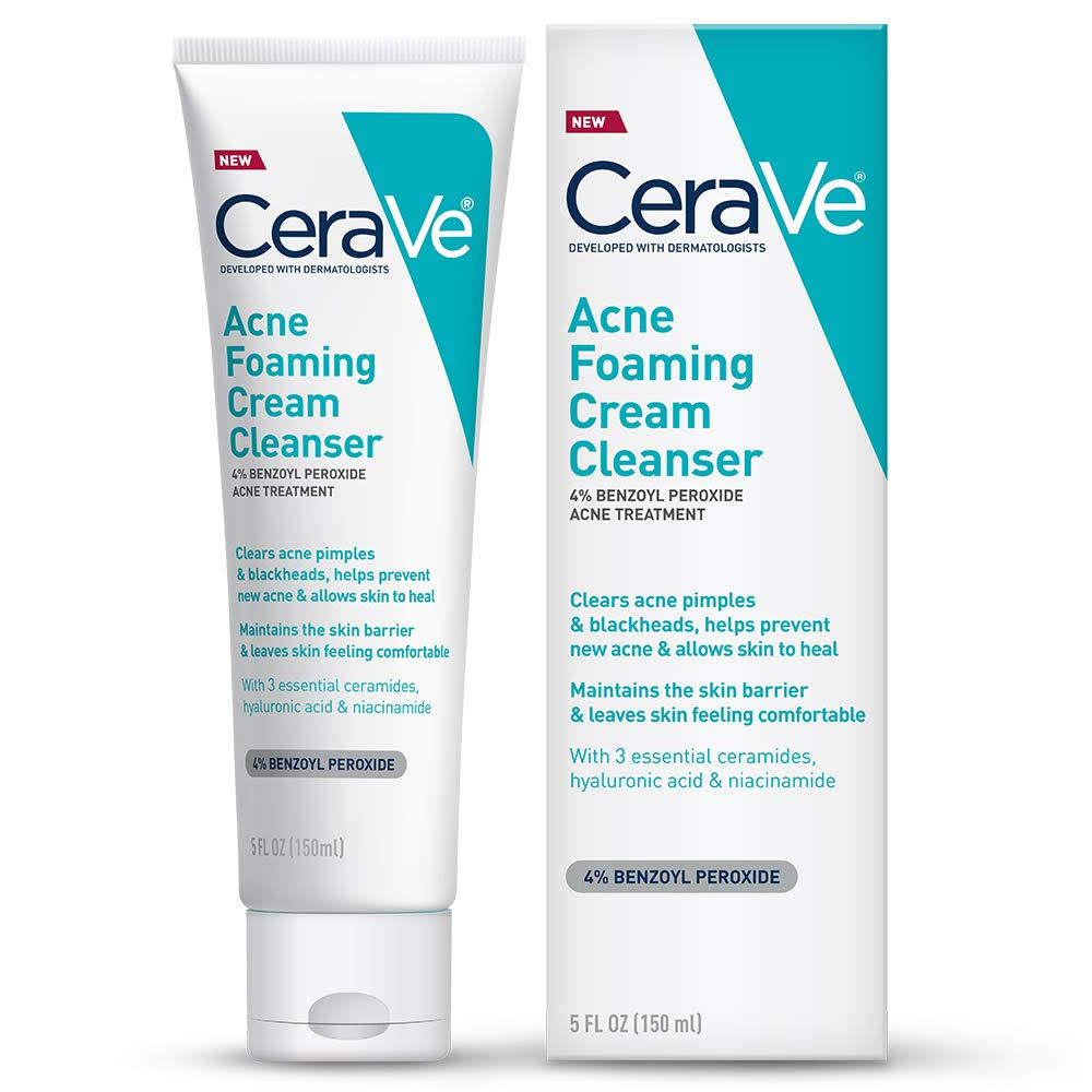 CeraVe Acne Foaming Cream Cleanser, 4% Benzoyl Peroxide, 5 oz (150 ml) - Hyaluronic Acid + Niacinamide