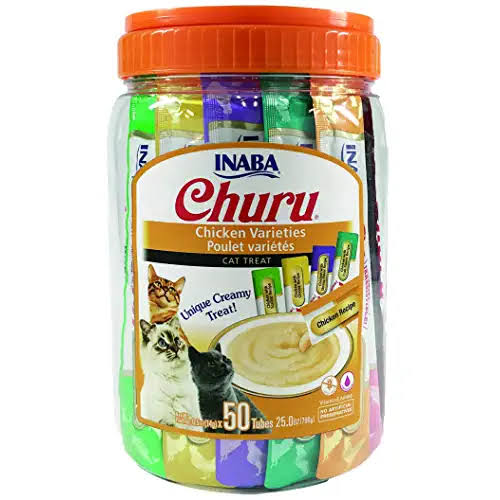 Inaba Churu Cat Treats, Grain-Free, Lickable, Squeezable Creamy Pure Cat Treat with Taurine & Vitamin E, 0.5 Ounces Each Tube, 50 Tubes Total