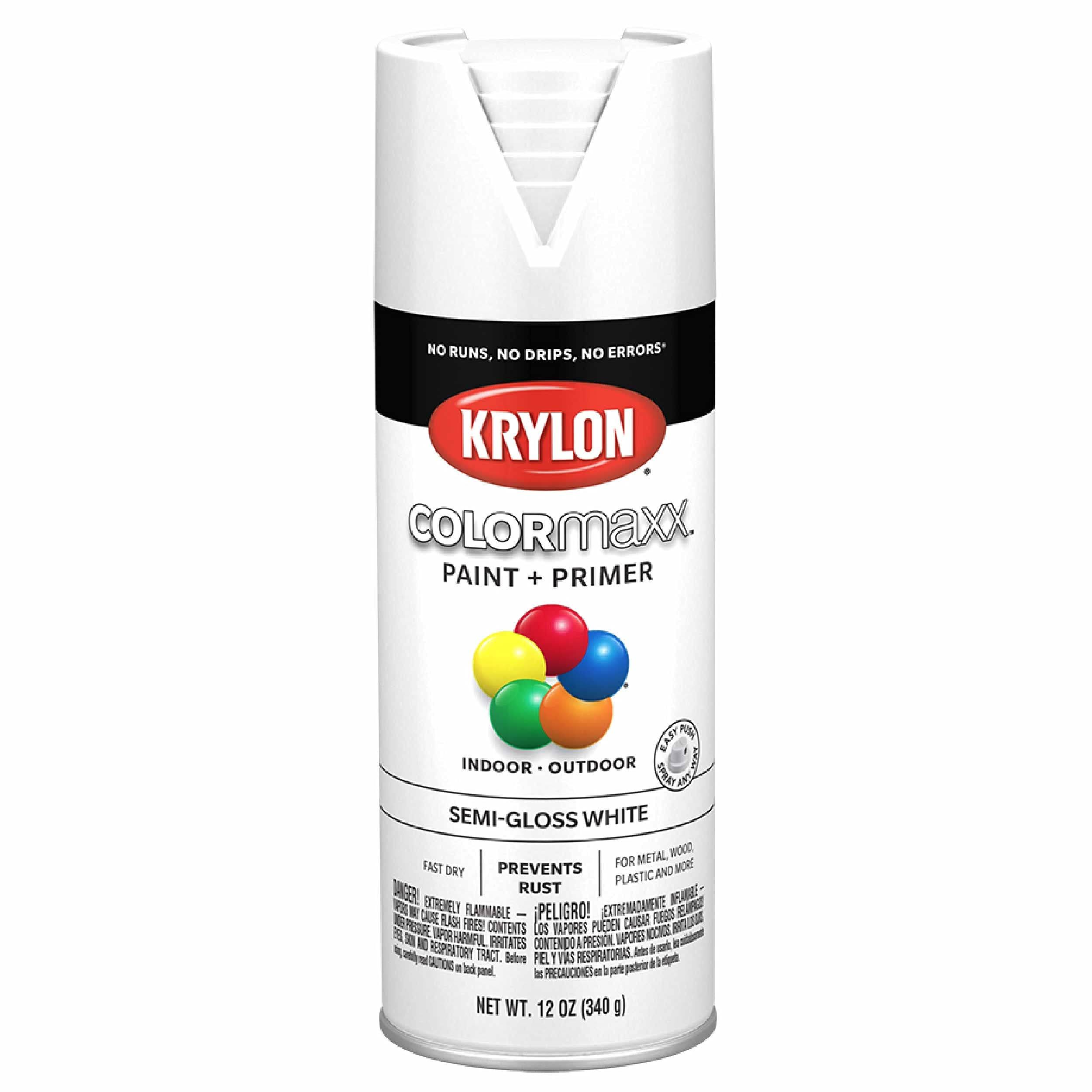 Krylon COLORmaxx K05580007 Spray Paint, Semi-Gloss, White, 12 oz Aerosol Can