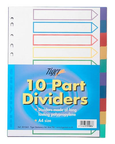 Tiger A4 Plastic Subject Dividers - 10 Pack