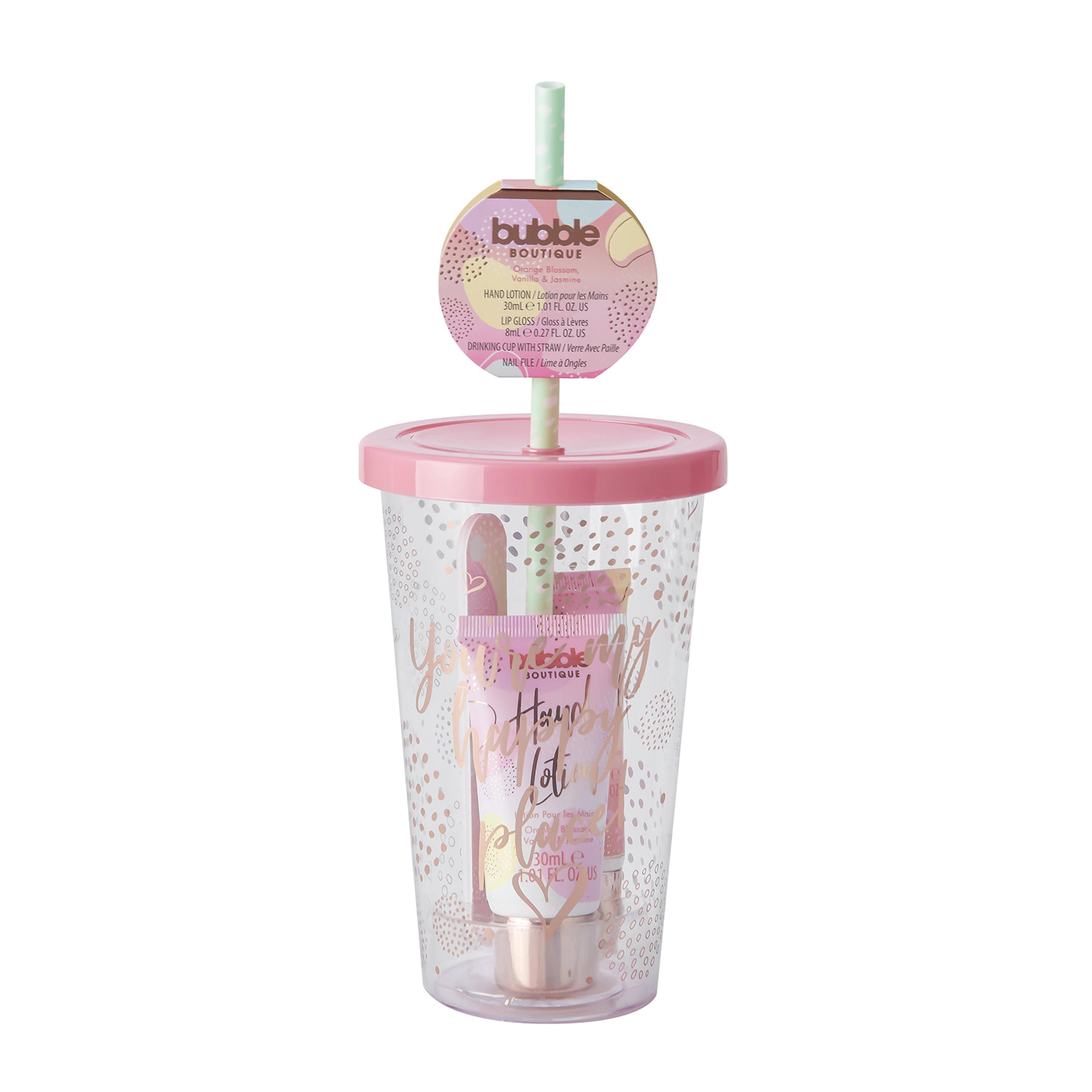 Style & Grace Bubble Boutique Travel Cup Gift Set 30ml Hand Lotion + 8ml Lip Gloss - Vanilla + Nail File + Drinking Cup with Straw