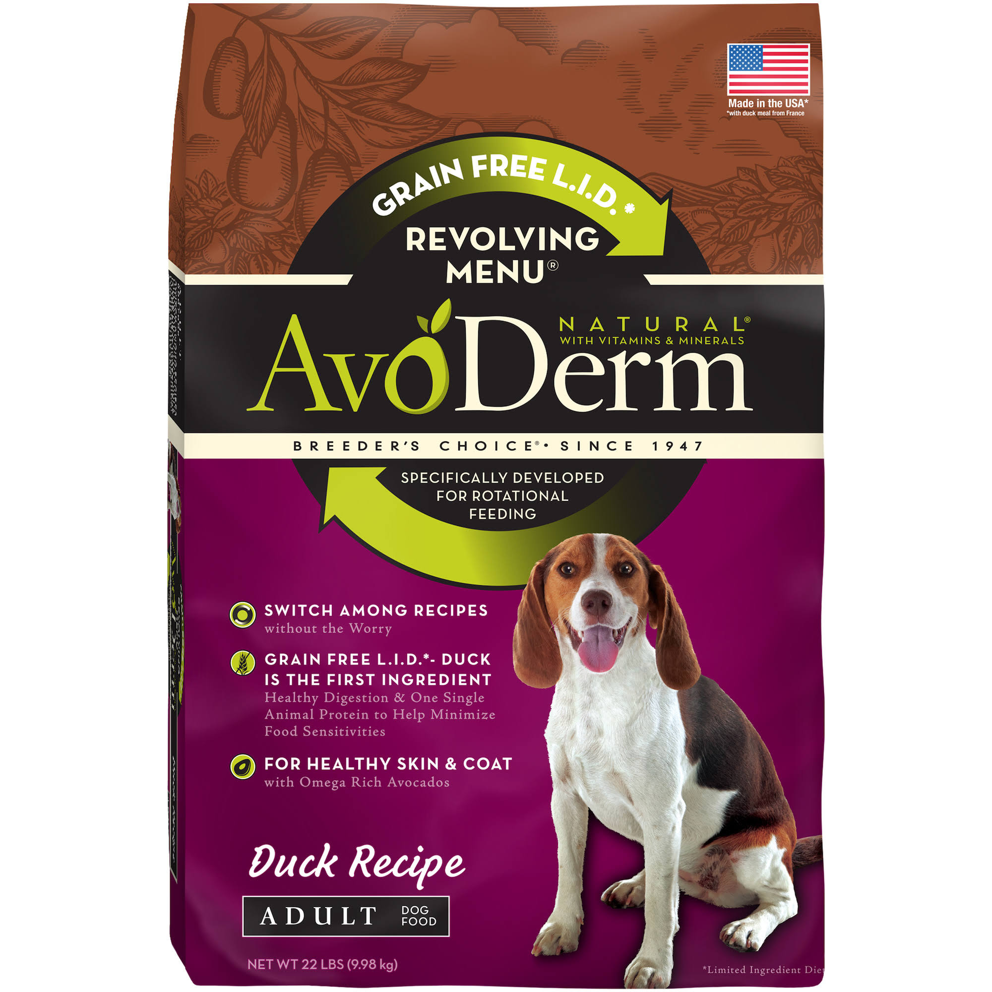 AvoDerm Natural Revolving Menu Adult Dog Food - Duck, 22lb