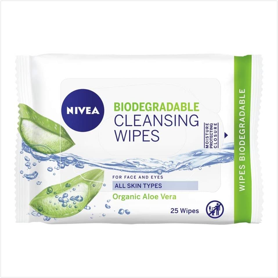 Nivea Biodegradable Cleansing Wipes - Organic Aloe Vera, 25pcs