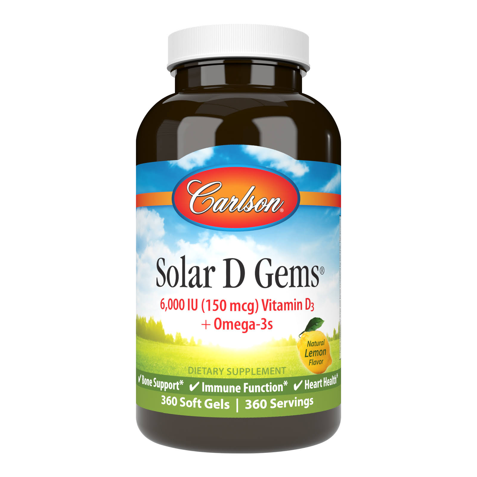 Carlson - Solar D Gems 6000 IU (150 mcg) Vitamin D3, 115 MG Omega-3 EPA and DHA, Vitamin D Fish Oil Capsule, Lemon, 360 Softgels