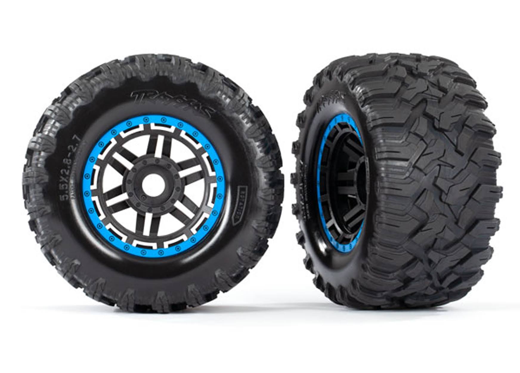 Traxxas 8972A Tires & Wheels, Black, Blue Beadlock Style, Maxx MT Tires (2) 17mm