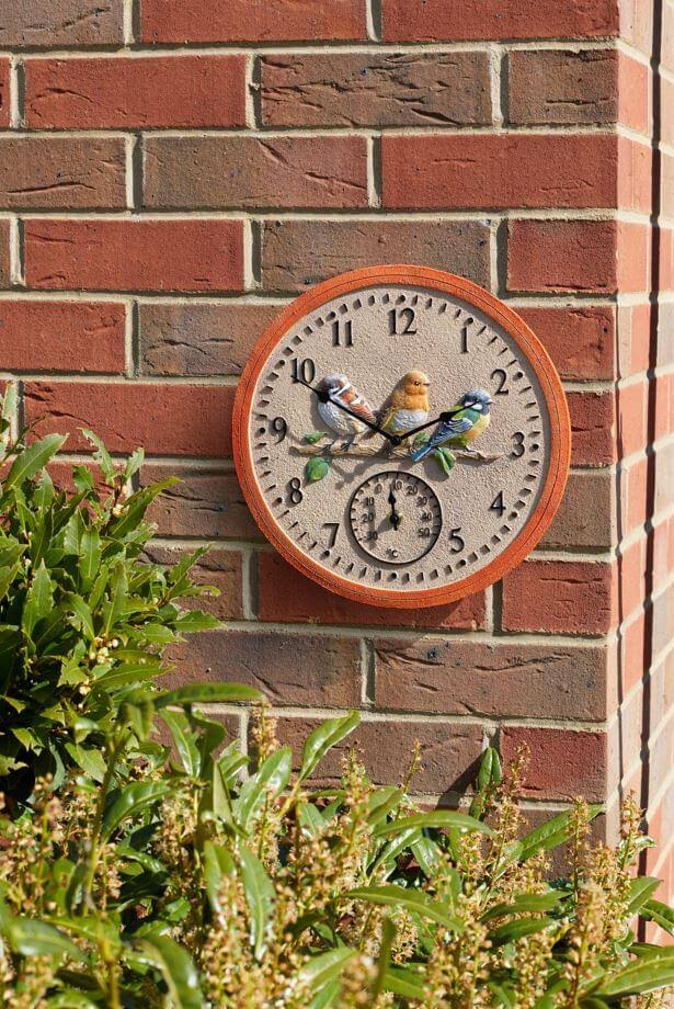 Robin Bird Wall Clock & Thermometer Outdoor Garden Clock 12" Weather Resistant 