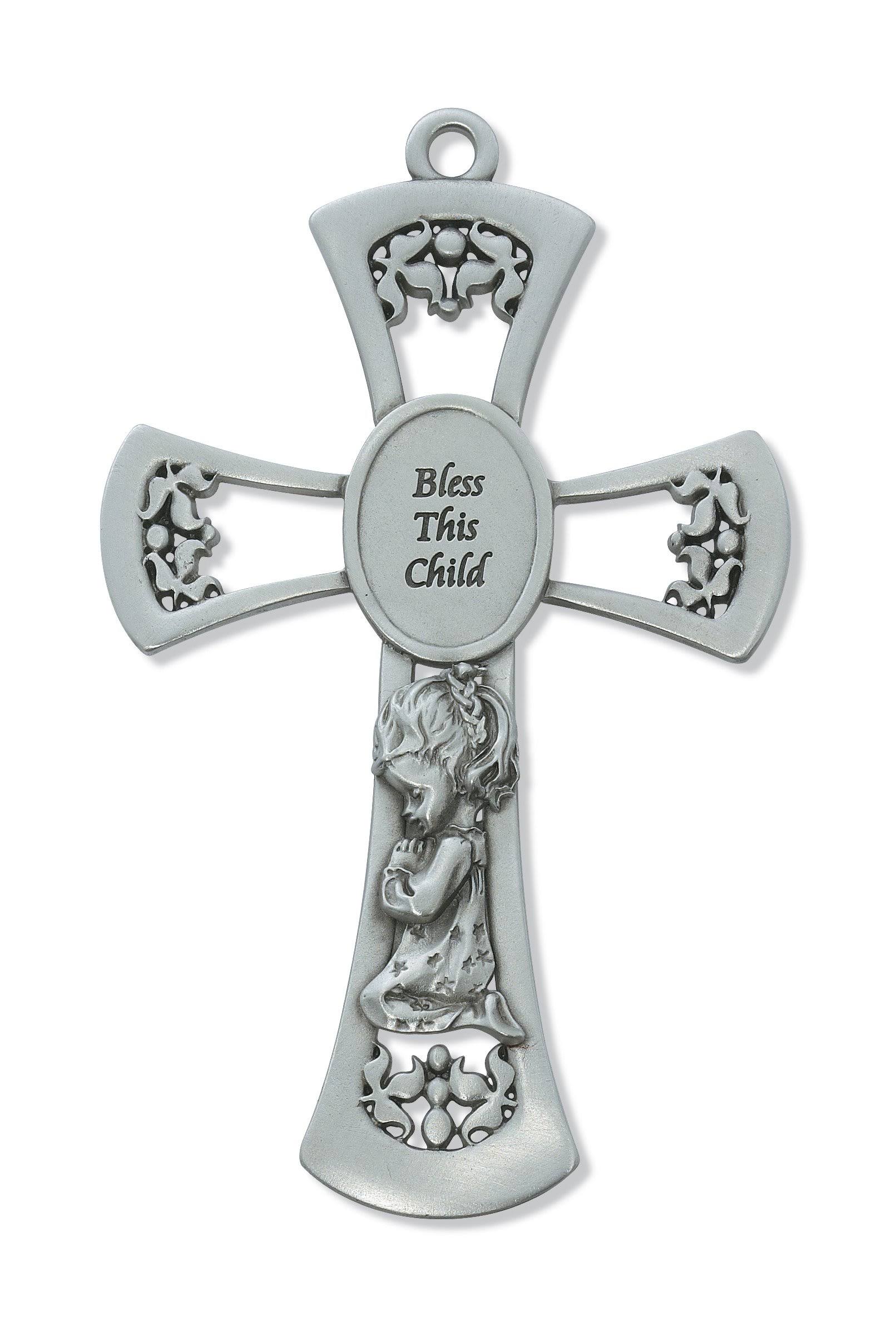 6 inch Pewter Bless This Child Girl Cross