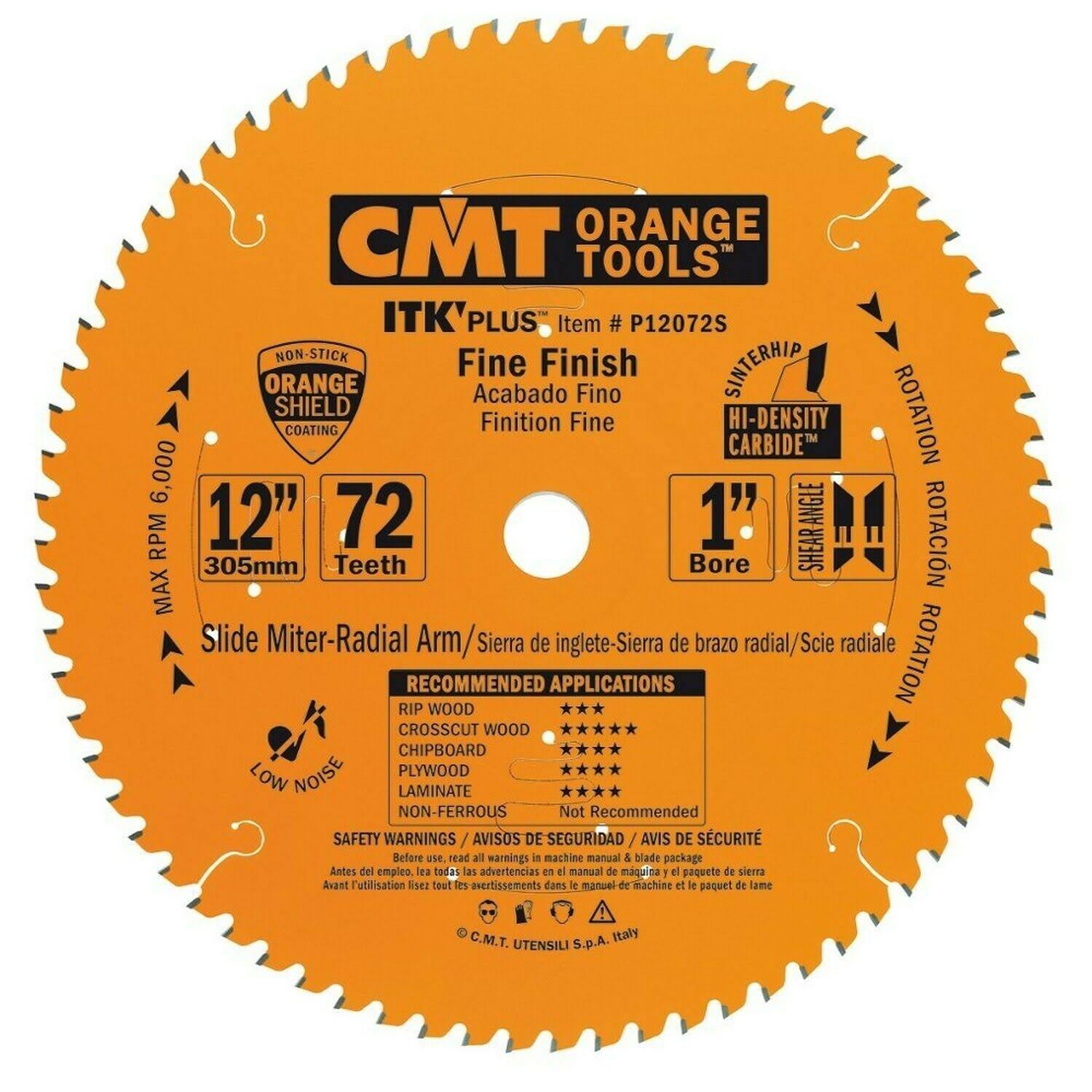 CMT P12072S ITK Plus Finish Sliding Compound Saw Blade, 12 x 72 Teeth, 10 ATB+Shear with 1-Inch Bore