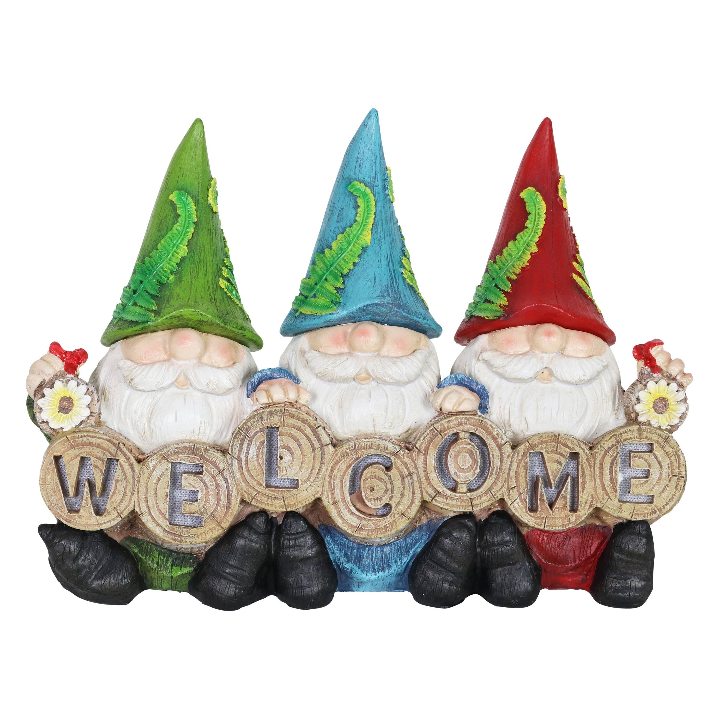 Exhart Solar Three Gnomes with Welcome Sign Garden Statuary, 13 by 9 Inches - Resin - Multi