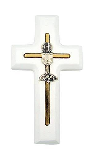 White Wooden First Communion Cross with Inlay Chalice and Host