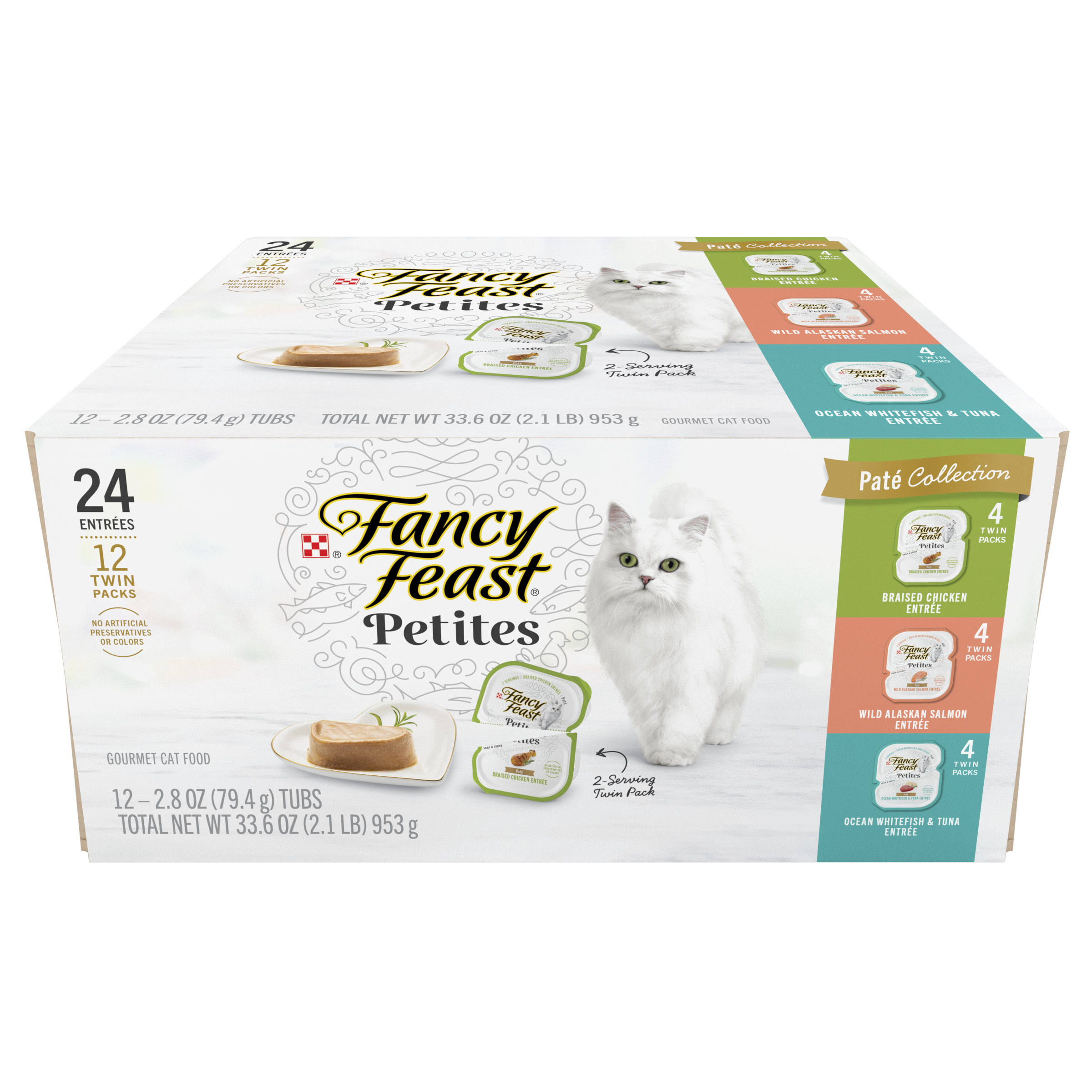 Purina Fancy Feast Gourmet Wet Cat Food Variety Pack, Petites Pate Collection, Break-apart Tubs, 24 Servings - 2.8 oz Tubs