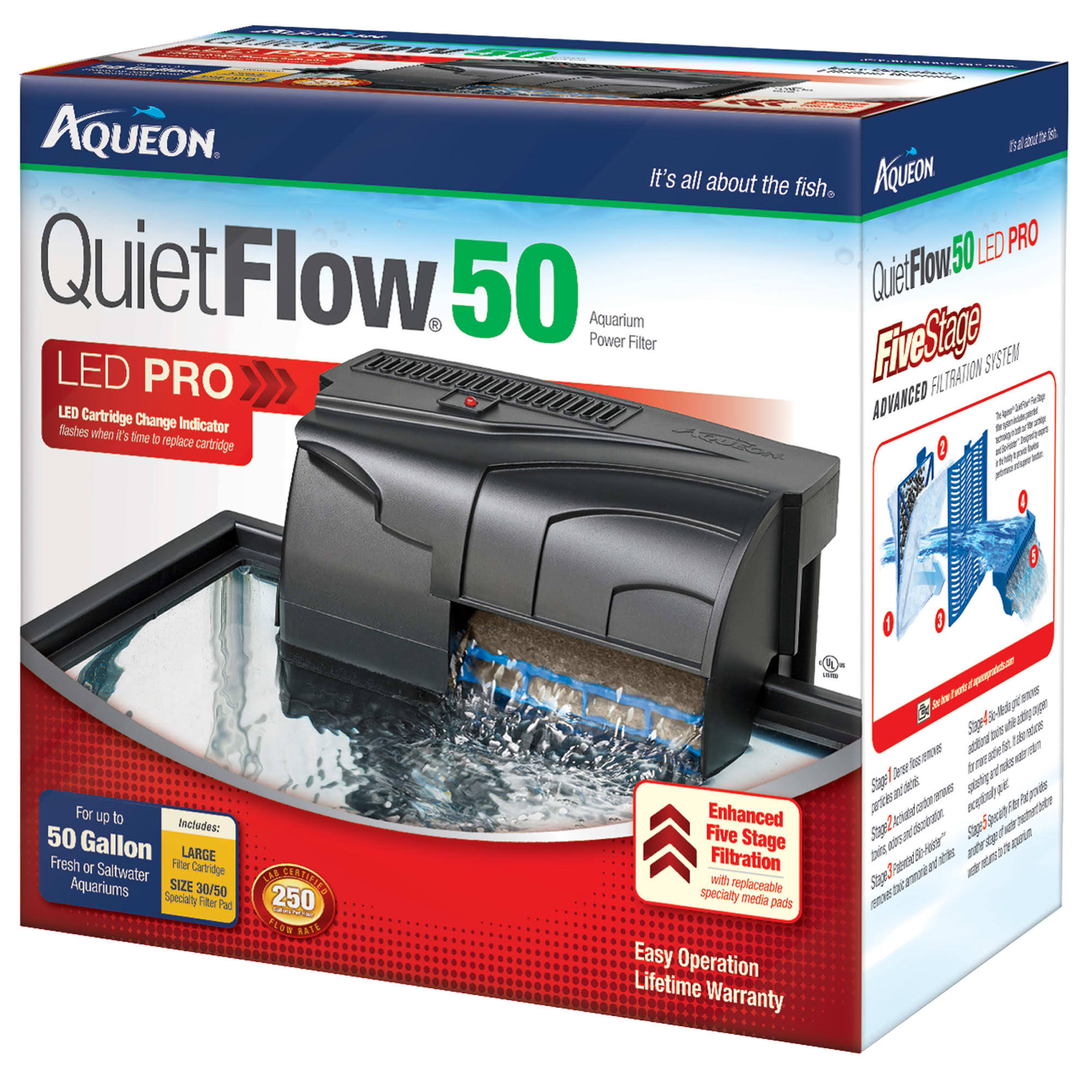 Aqueon QuietFlow LED Pro Aquarium Power Filter - 50gal, 250gph