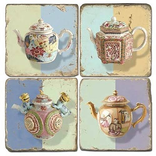 Shabby Chic Teapots Tumbled Marble Coaster, Set of 4