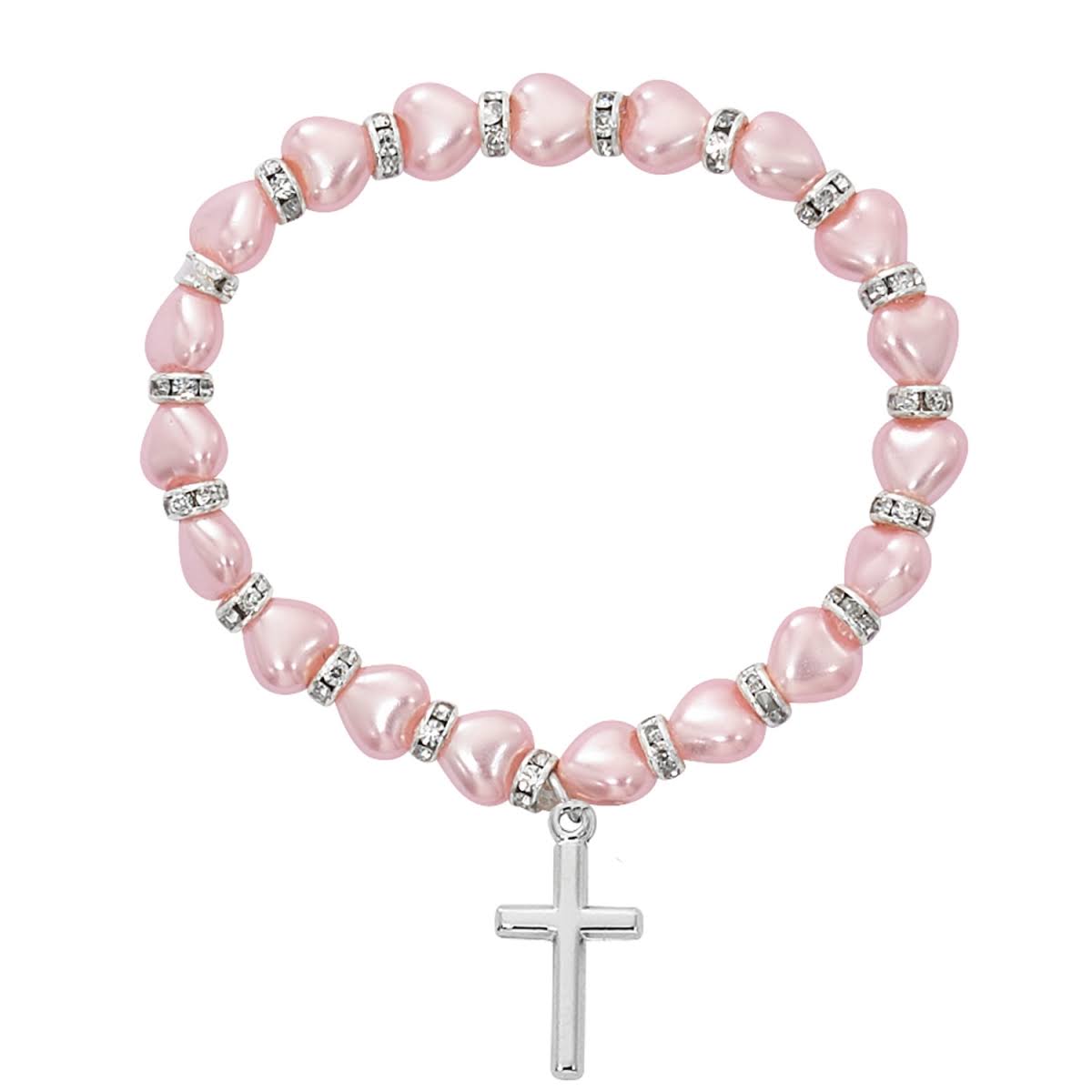 Mcvan BR41 5.5 in. 5 x 6 mm Pink Pearl Like Heart Baby Stretch Bracelet with Pewter Cross Boxed