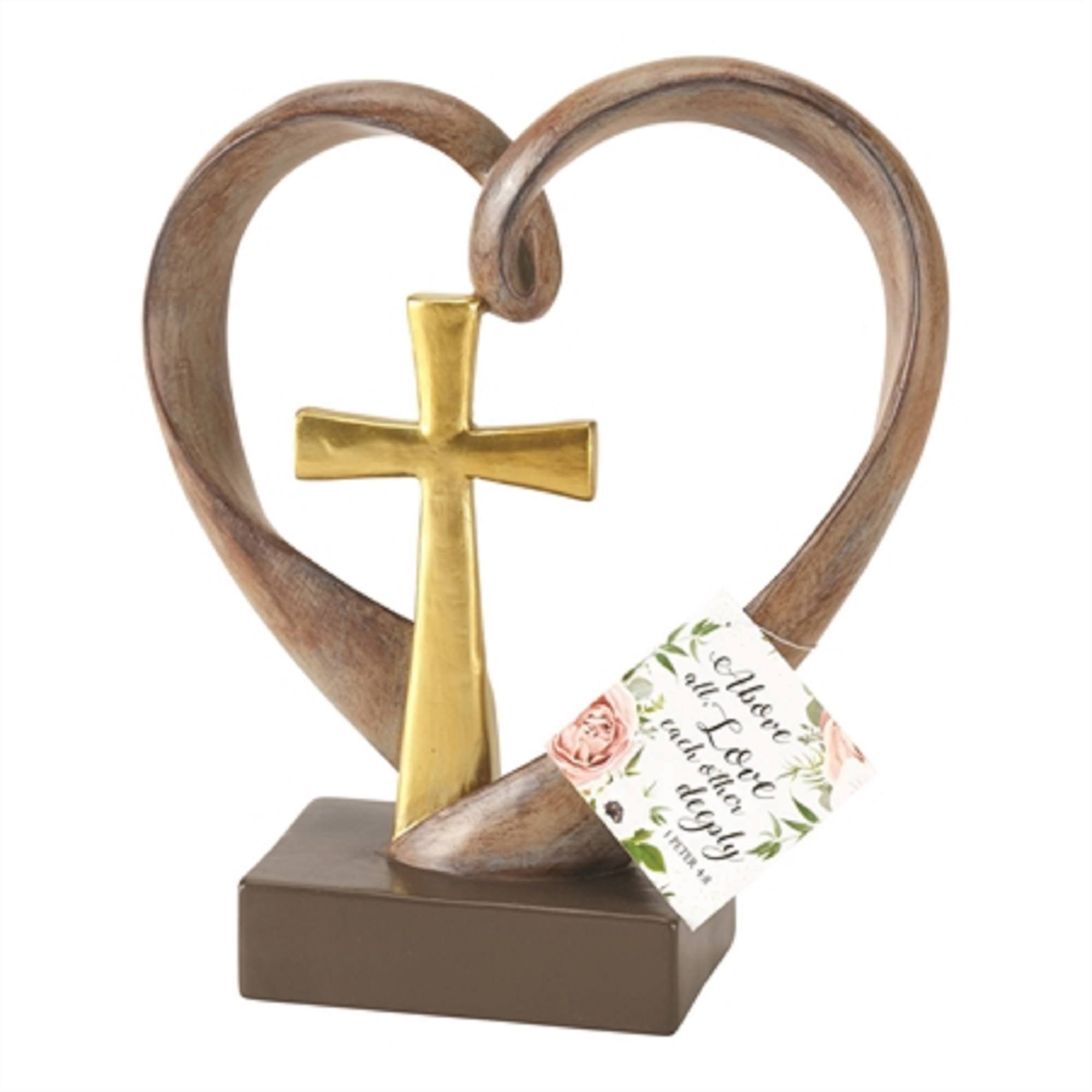 6" Natural Brown and Gold Heart Shaped Cross Sculptured Tabletop Decor
