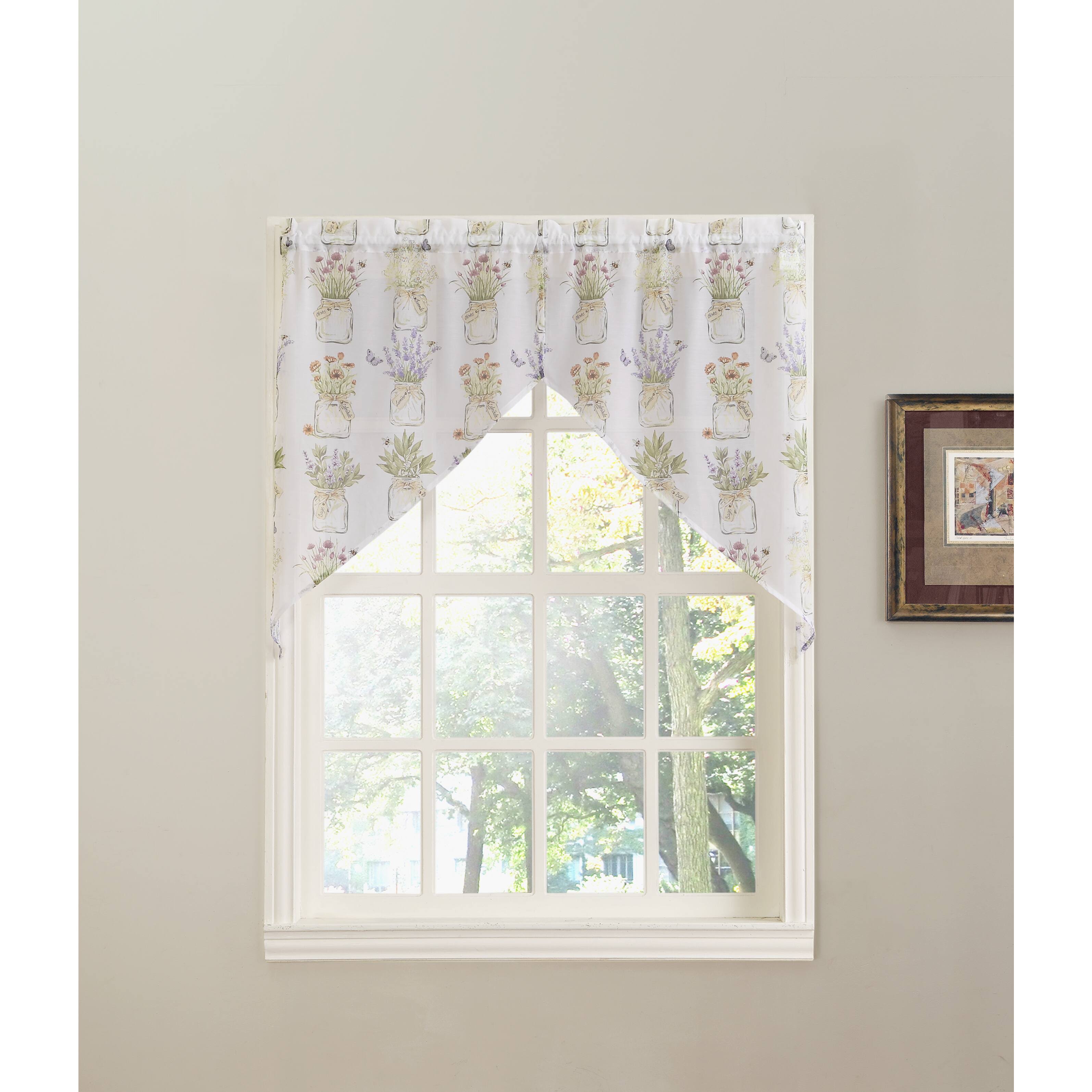NO. 918 Eve's Garden Floral Kitchen Curtain Swag Pair, 54" x 38", White