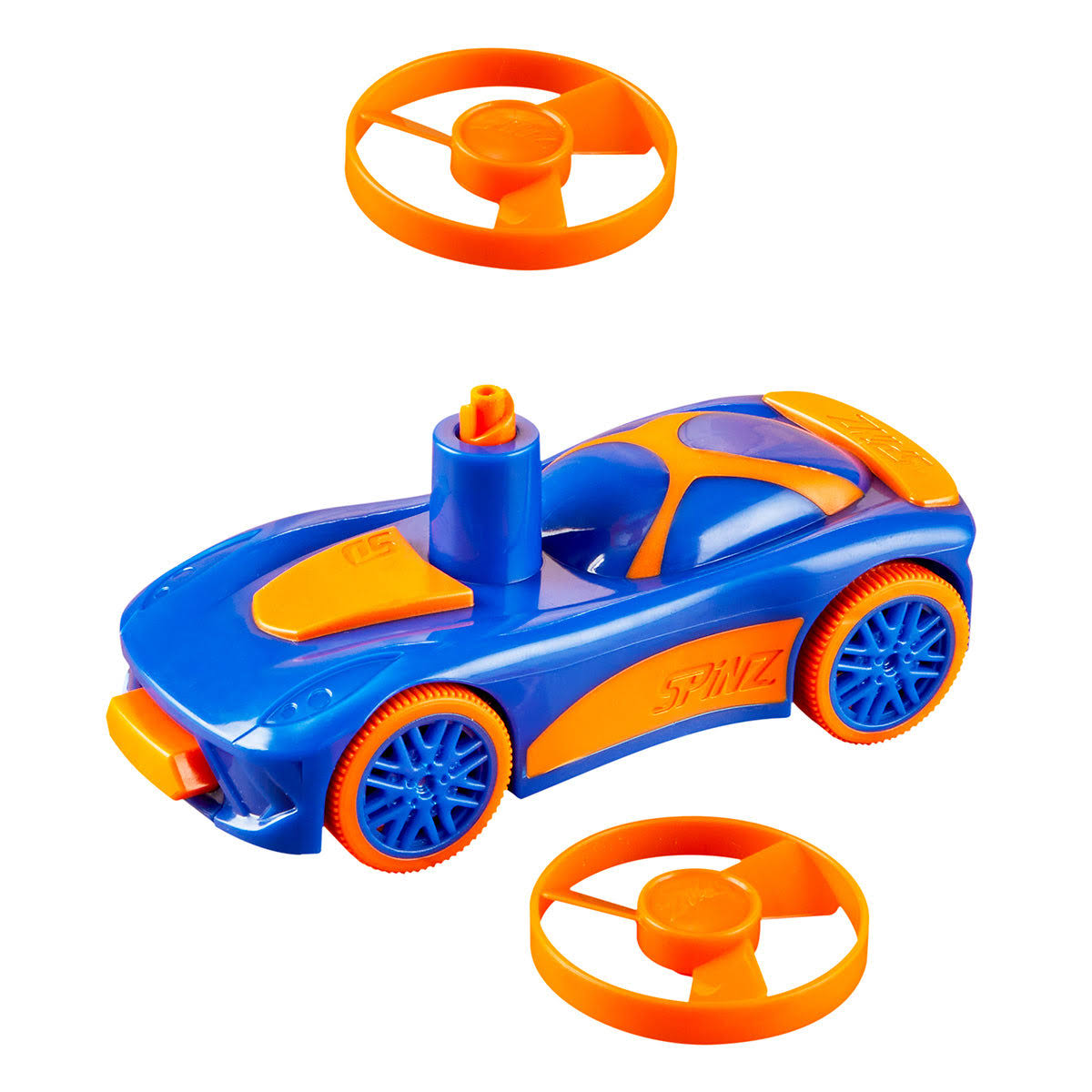 Skullduggery Spinz Pull-Back Race Car with Flying Disc - Blue / Orange , 2.25 x 4.75 x 3"