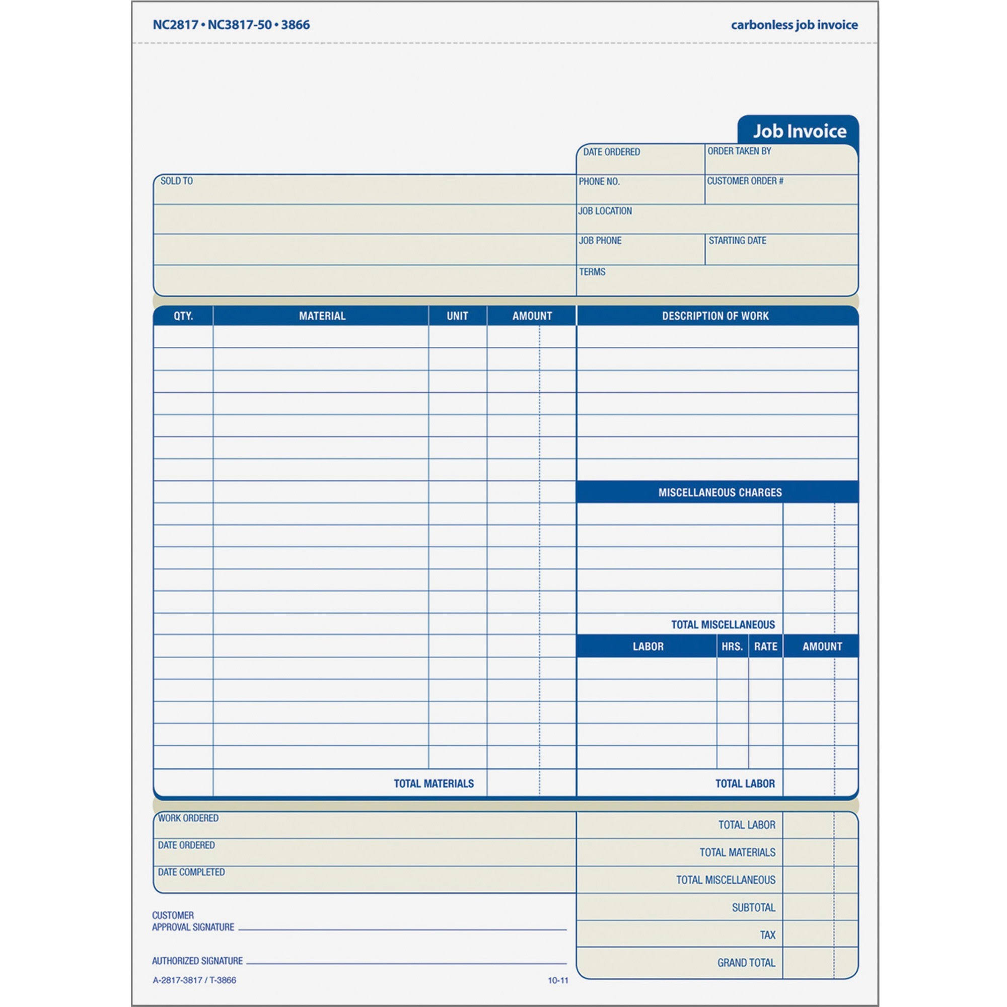 Tops 3866 Three Part Carbonless Job Invoice Form - 8 1/2" x 11", Blue Print Color
