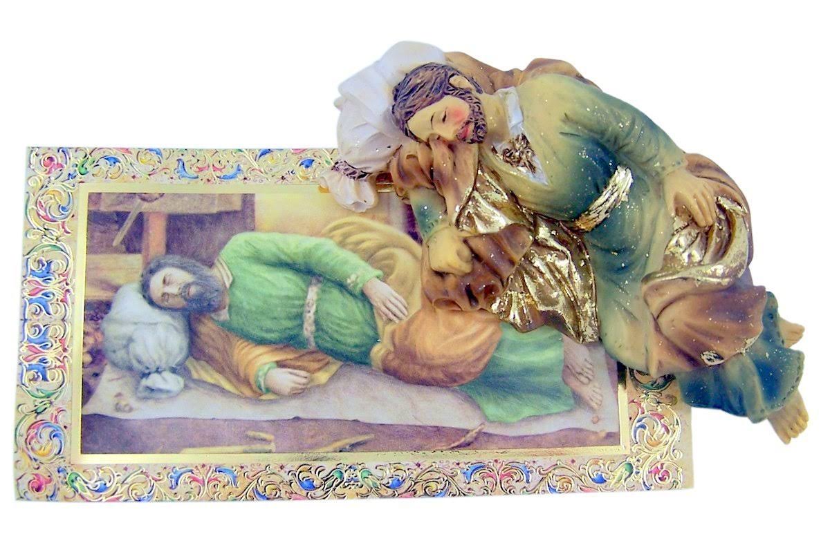Hand Painted Resin Catholic Sleeping Saint Joseph Statue with Prayer Card, 4 inch