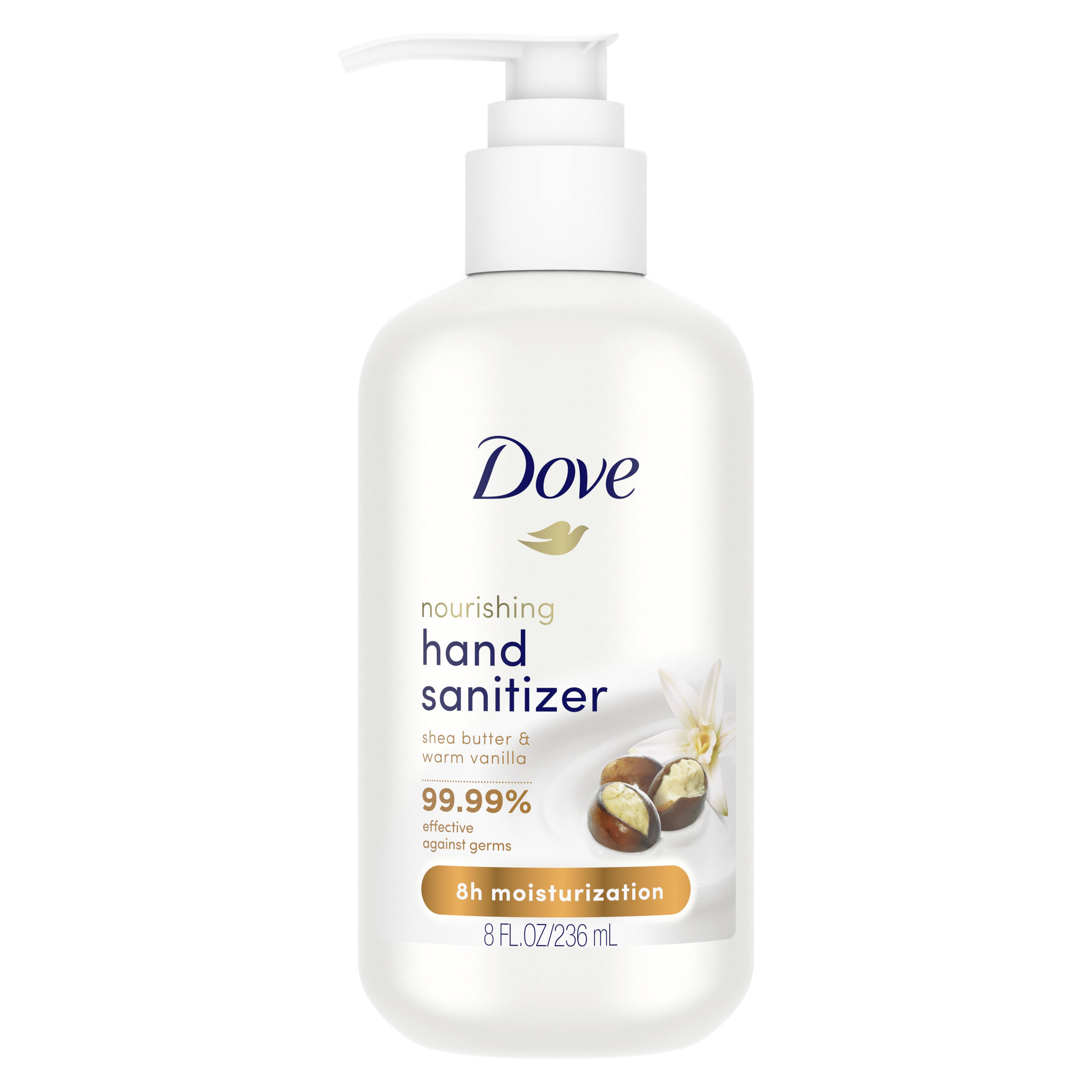 Dove beauty moisturizing & hand sanitizer shea butter, 8 oz