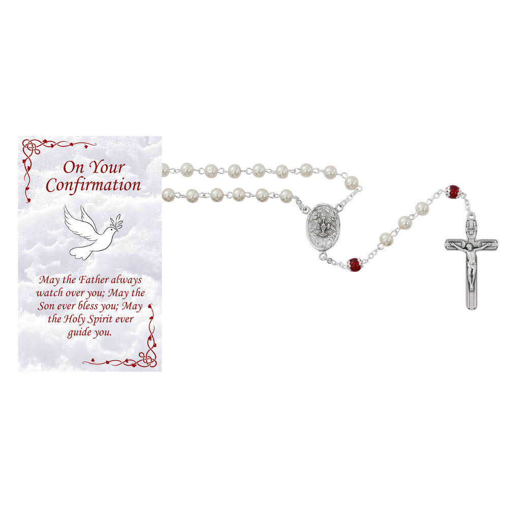 Pearl Confirmation Rosary with Prayer Card