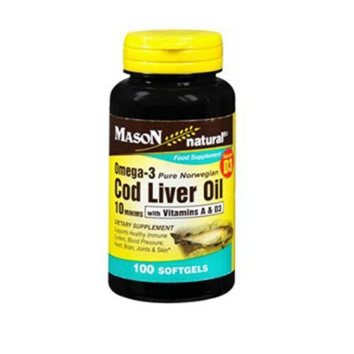Mason Natural Omega 3 Cod Liver Oil with Vitamin A and D3 Food Supplement - 100 Softgels