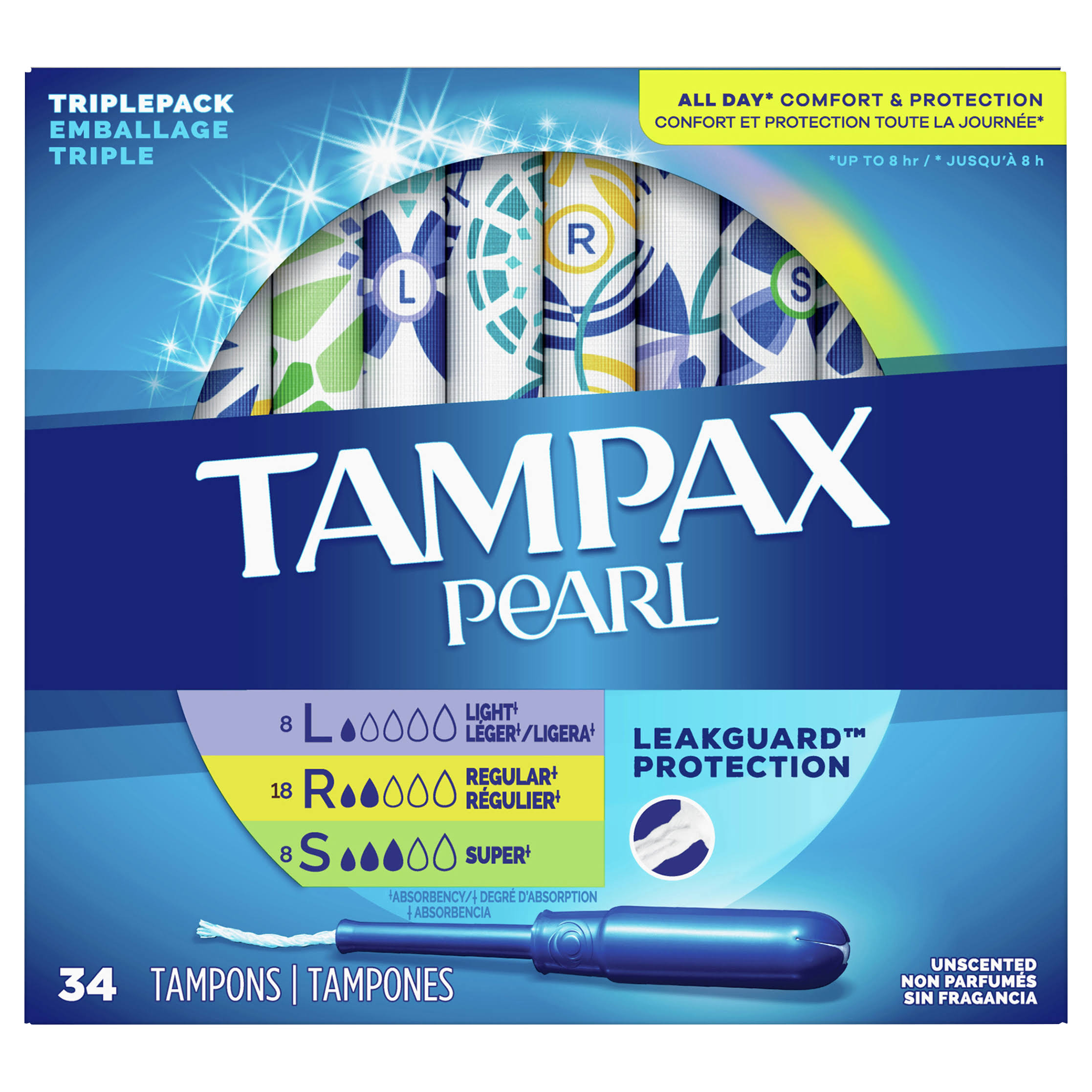 Tampax Pearl Plastic Tampons - Triple Pack with Light, Regular and Super Absorbency, Unscented, 34ct