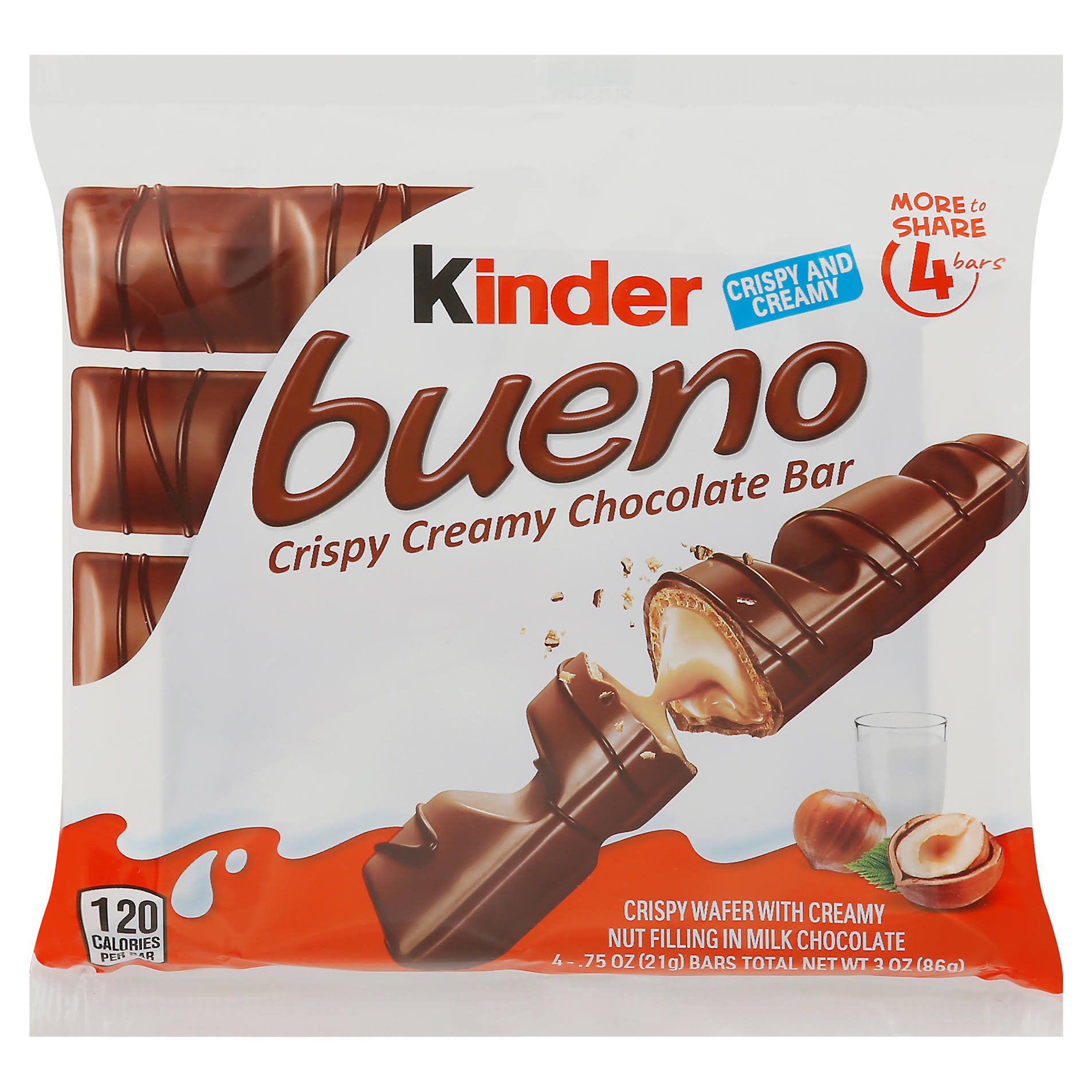 Kinder Bueno Candy Bar Pack, Milk Chocolate & Hazelnut Cream, 4 EA