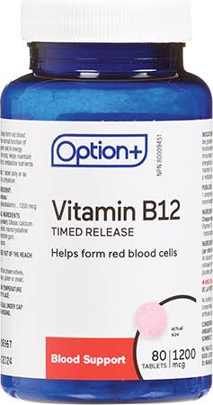 Option + - Vitamin B12 time released - for Support in the Formation of Red Blood Cells | 1200mcg X 80 Tabs