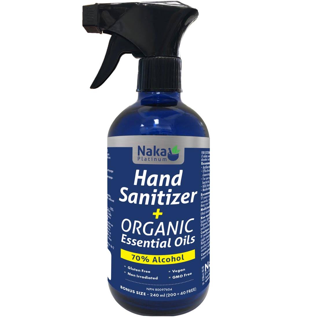 Naka Platinum Hand Sanitizer + Organic Essential Oils - 240 ml