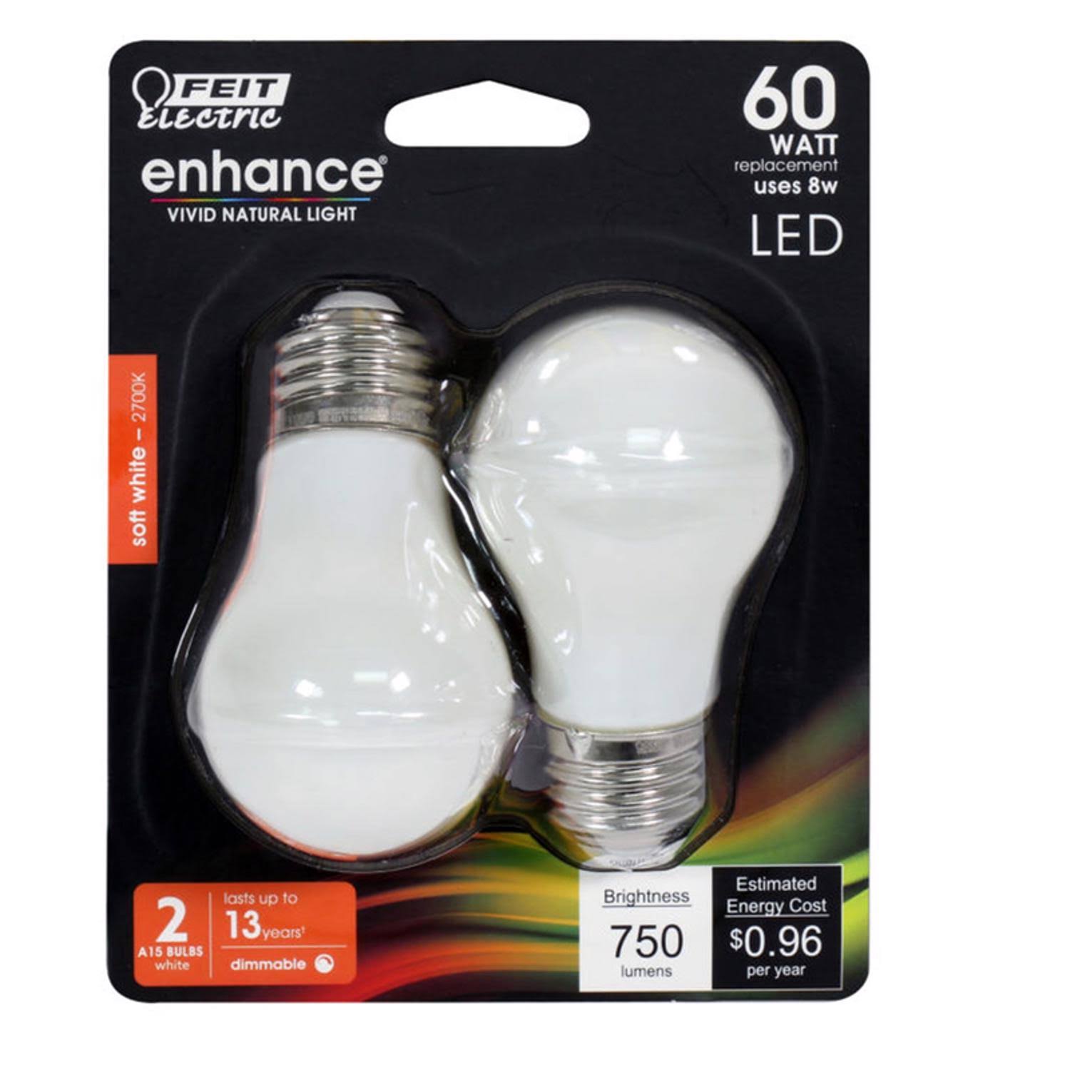 Feit Electric Enhance Light Bulb, LED, Soft White, 8 Watts - 2 bulbs