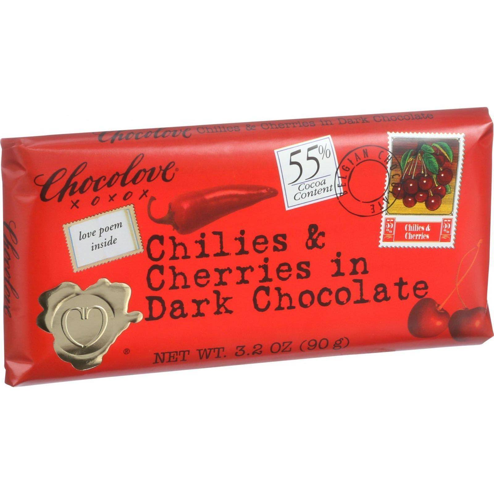 Chocolove XOXO Dark Dark Chocolate Bar - Chilies and Cherry, 3.2.oz