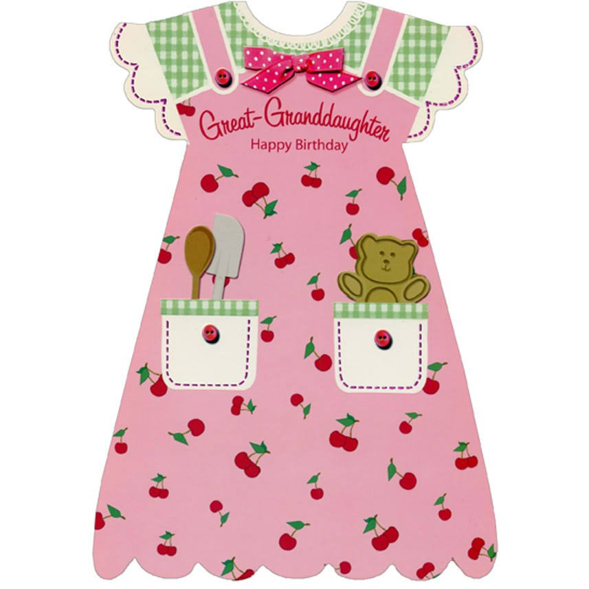 Designer Greetings Pink Dress with Spoon, Spatula and Bear in Pockets Die Cut Juvenile Birthday Card for Great-Granddaughter, Size: 5.25 x 7.5