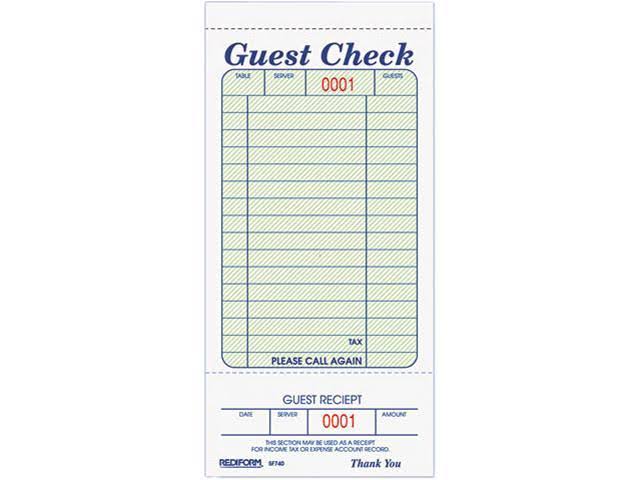 Rediform Guest Check Pad - White, 3.375" x 7", 50 Sheets
