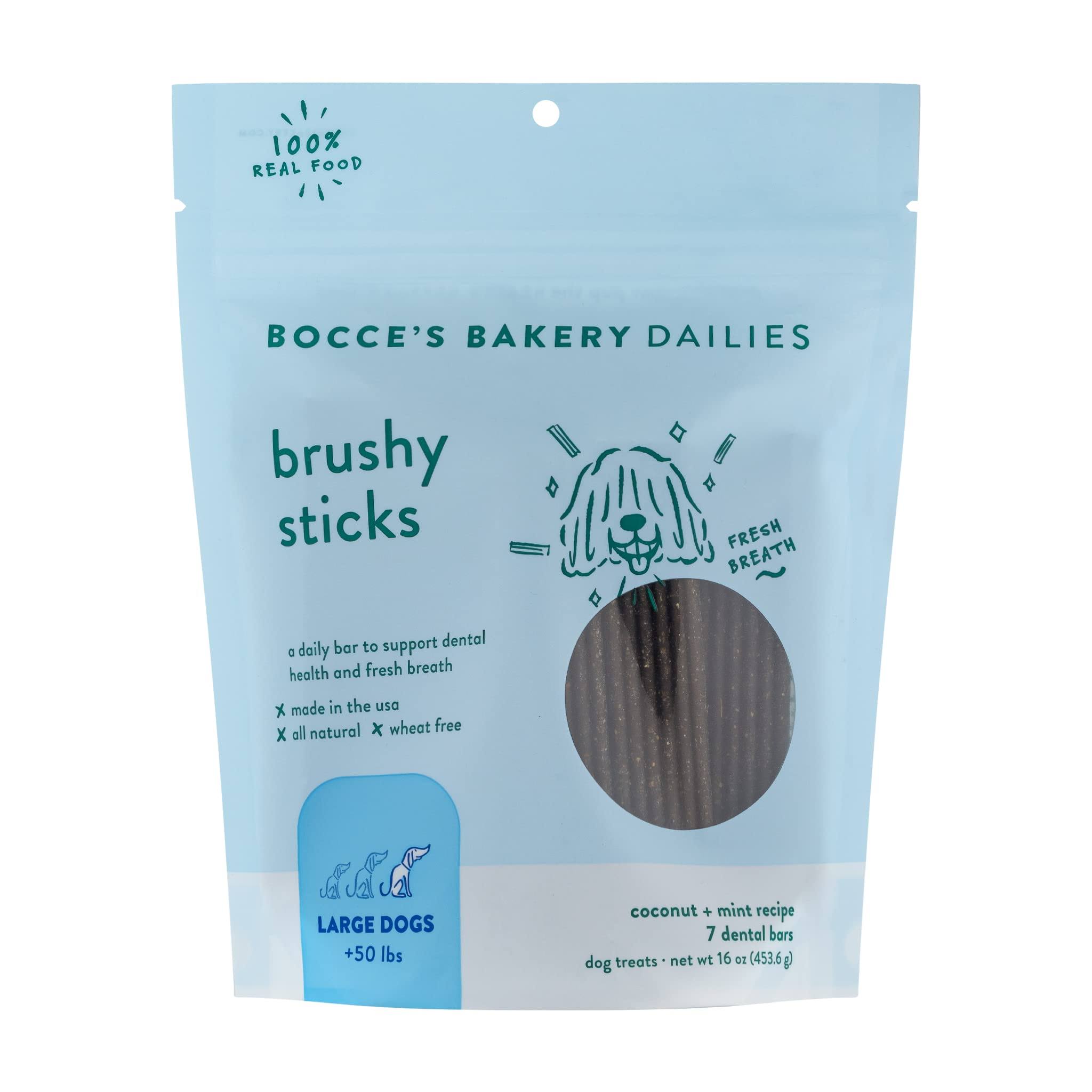 Bocce’s Bakery Dailies Brushy Sticks To Support Oral Health & Fresh Breath, Wheat-Free Dental Bars For Dogs, Made With Real Ingredients, Baked In Th
